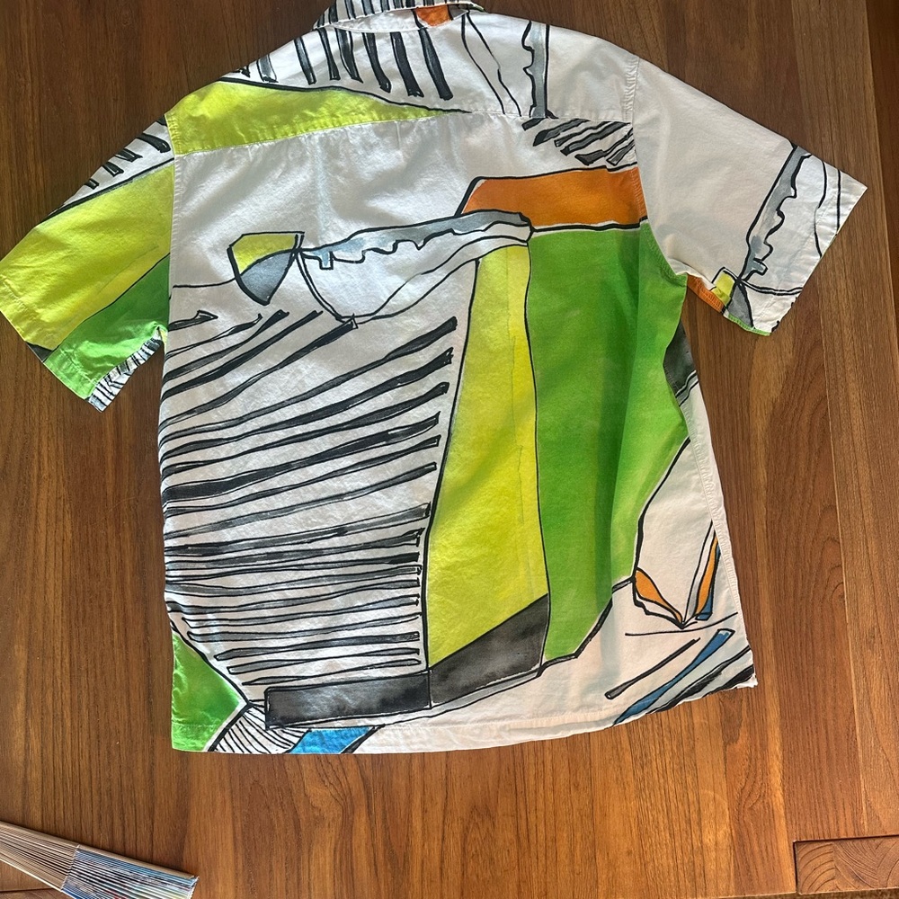 Abstract Cotton Button-Down Shirt - White, Green, Orange & Blue - Picture 7 of 8